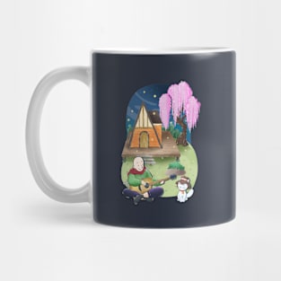 Cozy A frame cottage, man, cat, guitar at night, sakura willow tree Mug